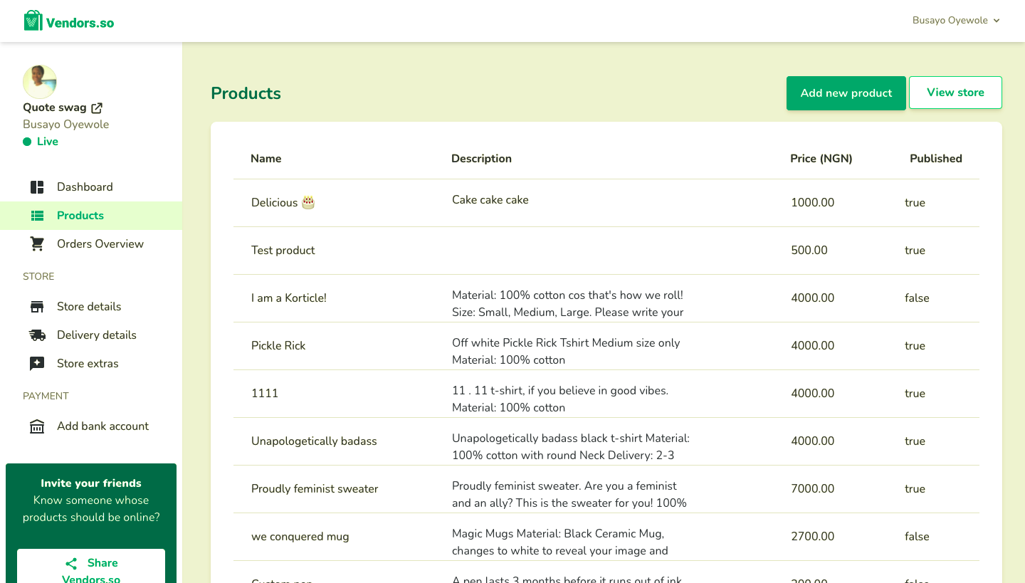 Screenshot of products overview table