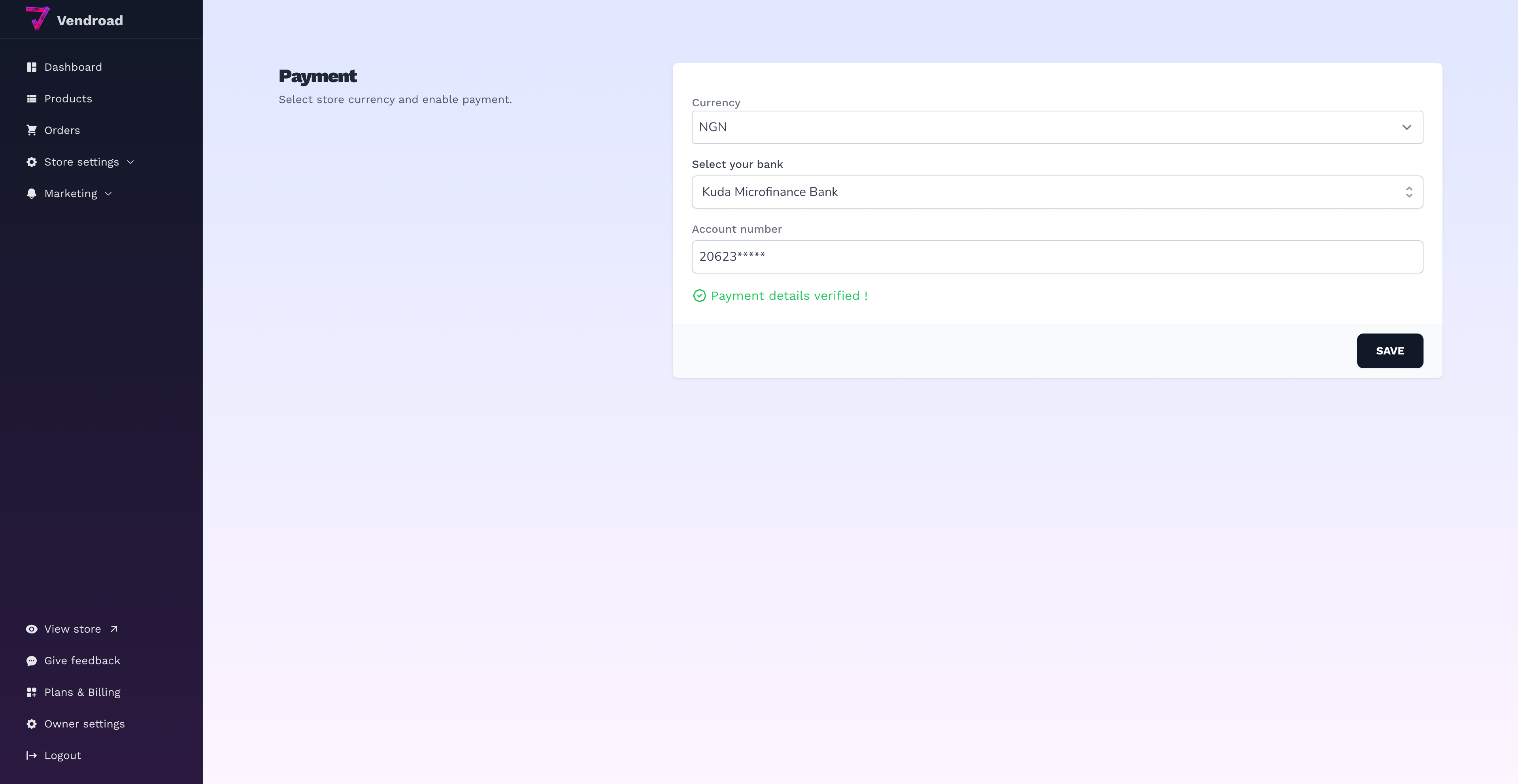 Vendroad dashboard interface