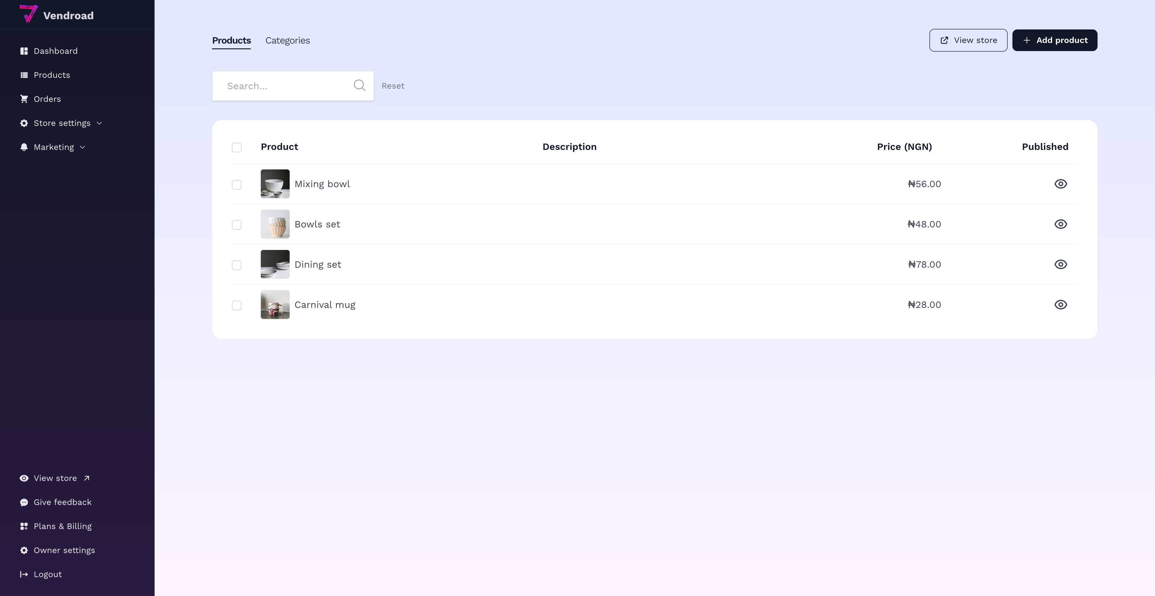 Vendroad dashboard interface