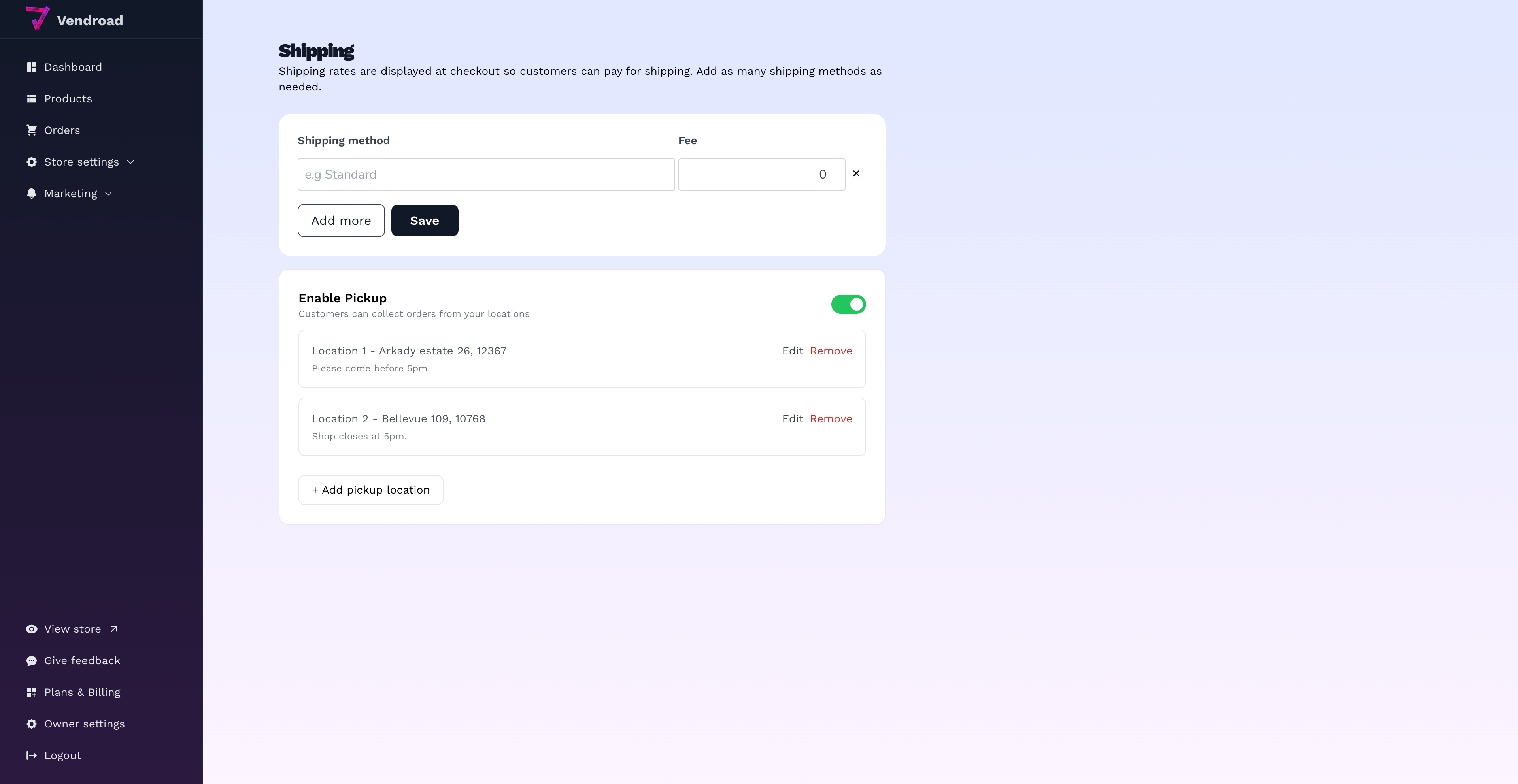 Vendroad dashboard interface
