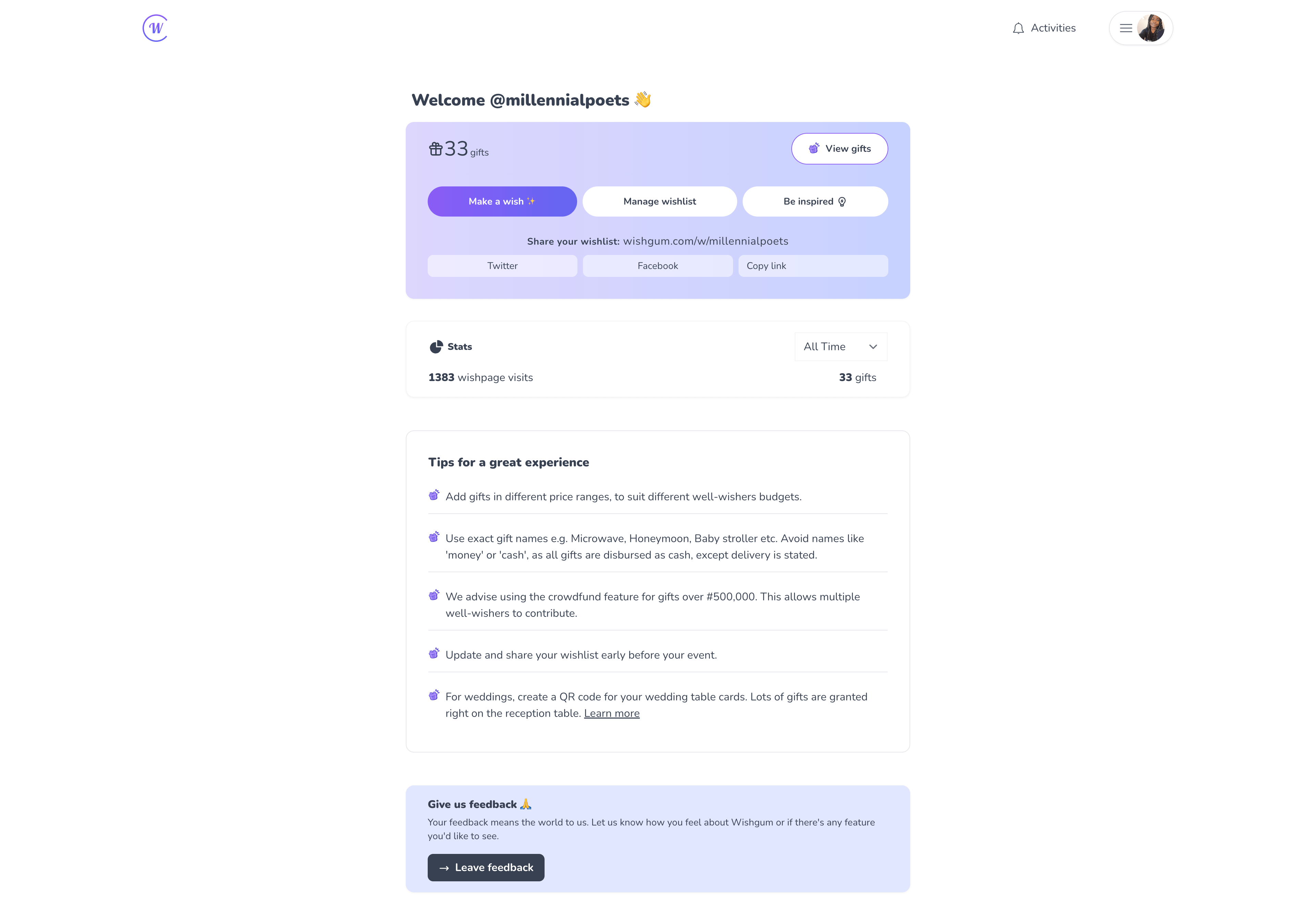 Wishgum platform interface